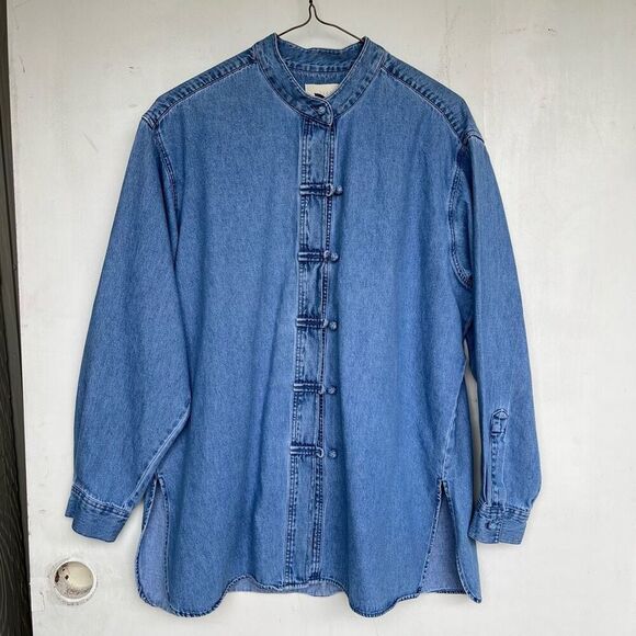 VTG J. Jill Denim Mandarin Collar Frog Button Shirt Tunic Top M Hong Kong 100% C - Picture 7 of 7